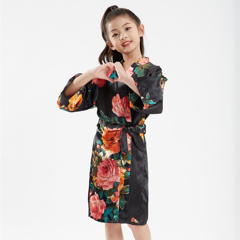 Children's Bathrobe Comfortable and Elegant Temperament Simulation Silk Sleeping Robe Sateen Children's Hand-painted Peony Baby Walking Robe
