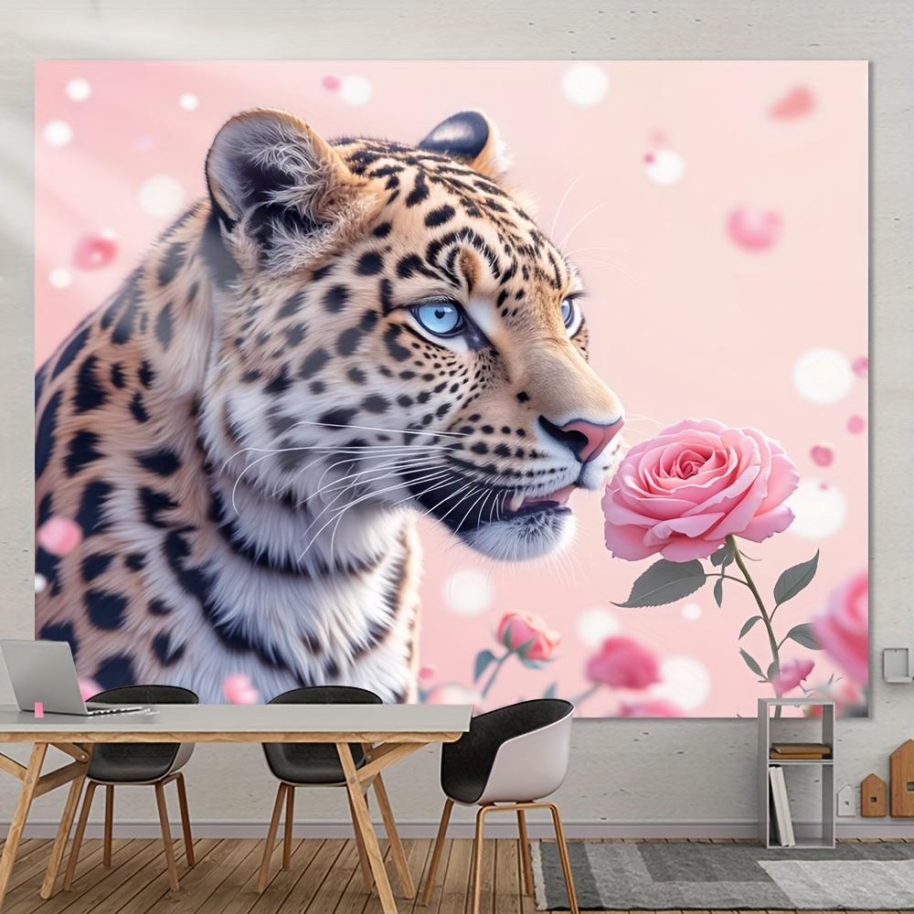 1pc Pink Leopard Party Backdrop Durable Polyester Stunning BlueEyed Leopard with Pink Roses Design Perfect for Winter Holid