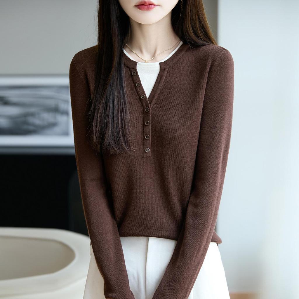 Women's 100% Pure Wool Crew Neck Knitted Sweater - Fake Two-Piece Long Sleeve Base Shirt for Autumn