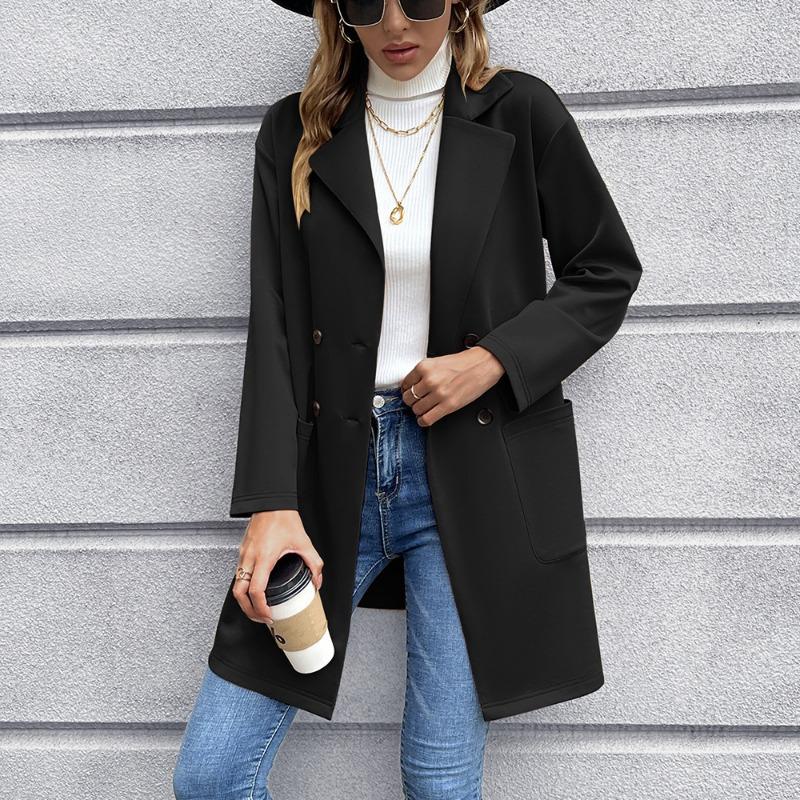 Autumn Mid Long Solid Casual Loose Women Jacket Double Breasted Formal Office Jackets for Women Fashion Winter Pockets Notched Ladies Coat 24899