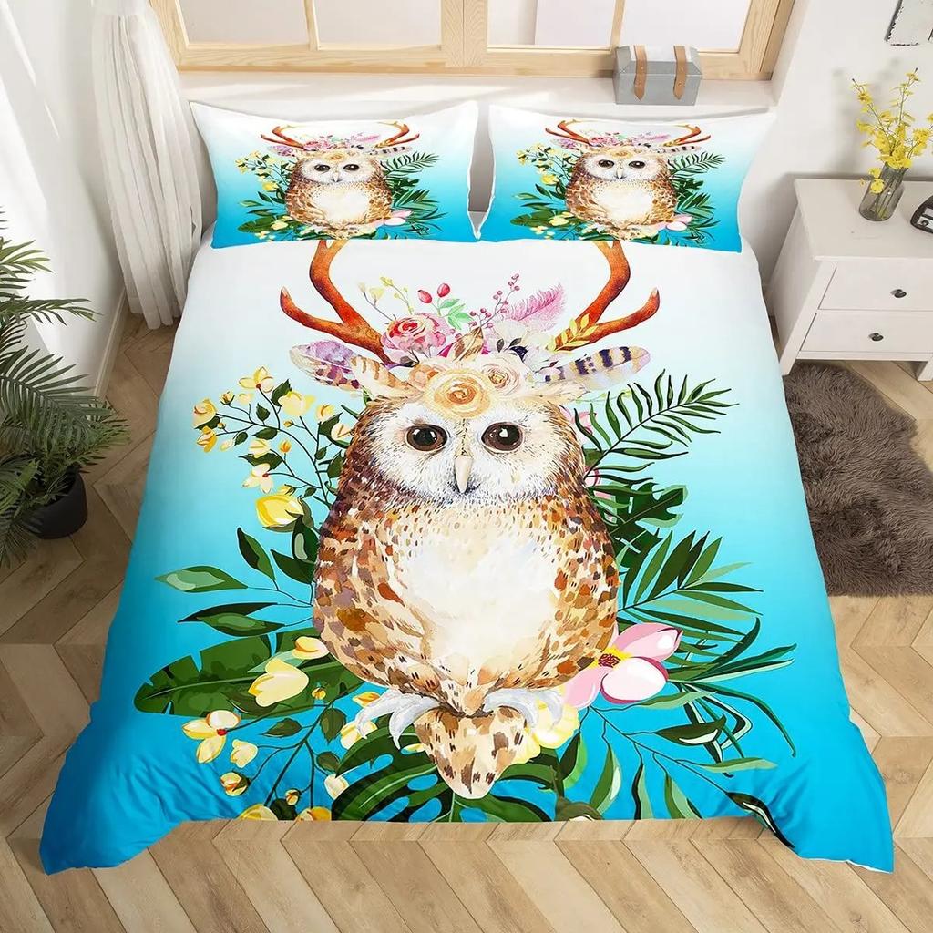 Owl Duvet Cover Bird Decor Bedding Set Printed Comforter Cover for Boys Girls Children Teens Bedroom Decor with 2 Pillow Case