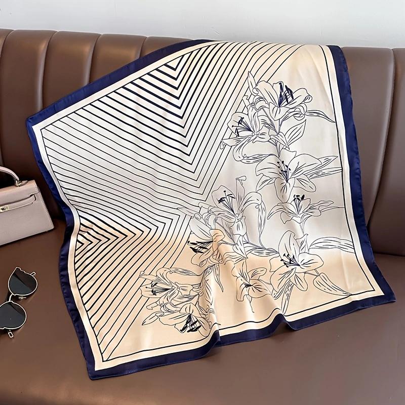 68cm Lily Flower Pattern Square Scarf for Women Imitation Silk Simple Floral Fashion Decorative Square Scarves Scarf Shawl