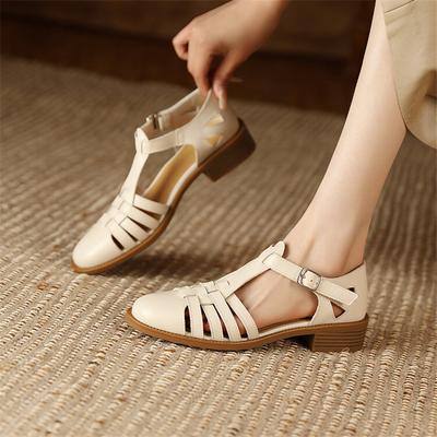 Модные новые летние сандалии Сандалии из натуральной кожи Повседневные Французские Ретро Круглый носок Ажурные ГЛАДИАТОР Овчина Сандалии Толстый каблук Обувь