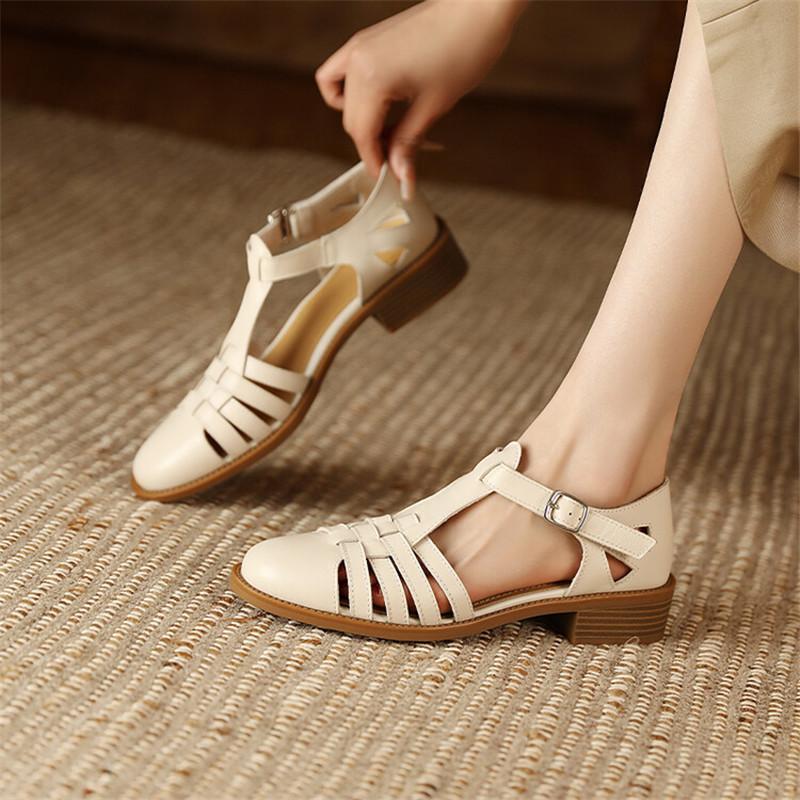 Модные новые летние сандалии Сандалии из натуральной кожи Повседневные Французские Ретро Круглый носок Ажурные ГЛАДИАТОР Овчина Сандалии Толстый каблук Обувь