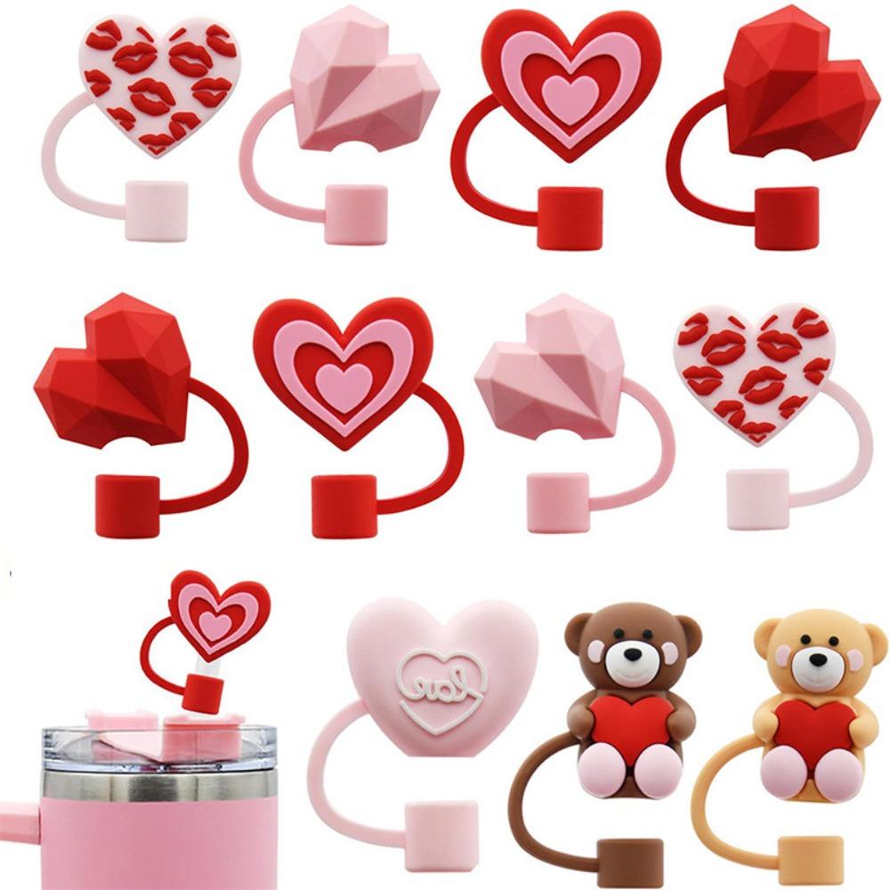 3D Heart-shaped Drinking Straw Dust Cap 10mm Straw Tips Cover Silicone Straw Plug Cup Accessories