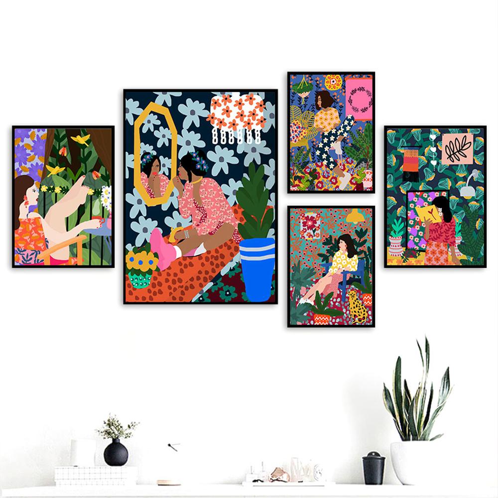 Абстрактная красочная модная девушка, растение, настенная живопись на холсте, скандинавский бохо, современный постер и принты, картина для декора гостиной