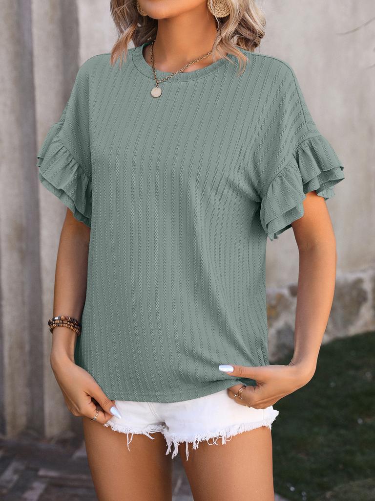 Women's 2025 Solid Color Round Neck Ruffle Sleeve Short Sleeve T-Shirt, Spring Summer Casual Flowy Blouse for Daily & Vacation Wear