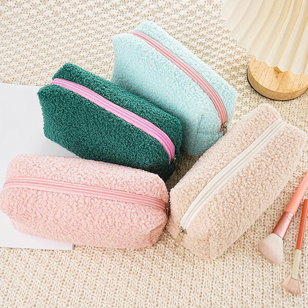 Плюшевая милая большая однотонная косметичка на молнии, сумка для макияжа для женщин, дорожная сумка для туалетных принадлежностей, моющаяся косметичка, пенал