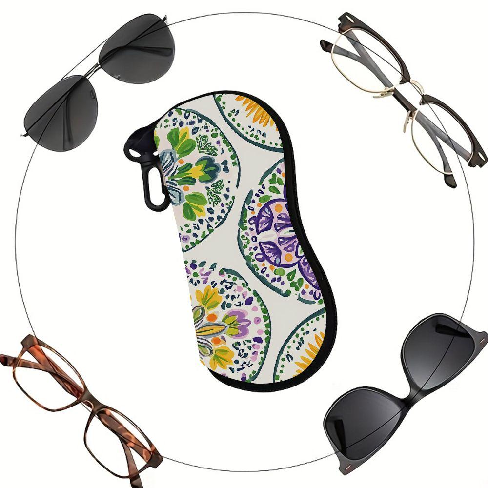 2D-Bohemian Floral Print Glasses Case, Vintage Pattern Sunglasses Case, Portable Protective Eyewear Pouch, Soft Zipper Organizer for Travel Daily Use