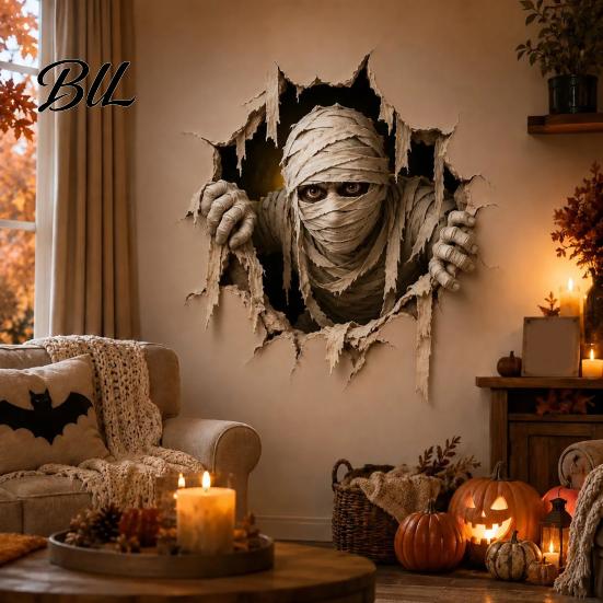 Easy Wall Decor Halloween Break-in 3D Decals, Illusion Effect Spooky Breaking Through Stickers for Theme Parties Sticker, Horror Ghost Witch