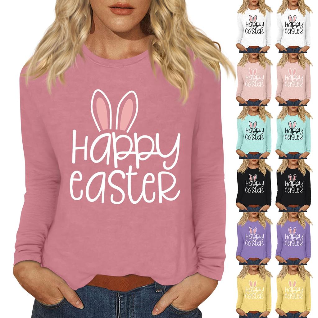 Long Sleeve Shirts For Women Easter Carnival Print Graphic Tees Blouses Casual Basic Tops Pullover
