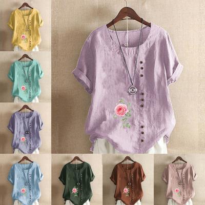 Женская новая модная льняная рубашка с круглым вырезом и коротким рукавом, футболка с цветочным принтом, летняя женская повседневная блузка больших размеров, топы