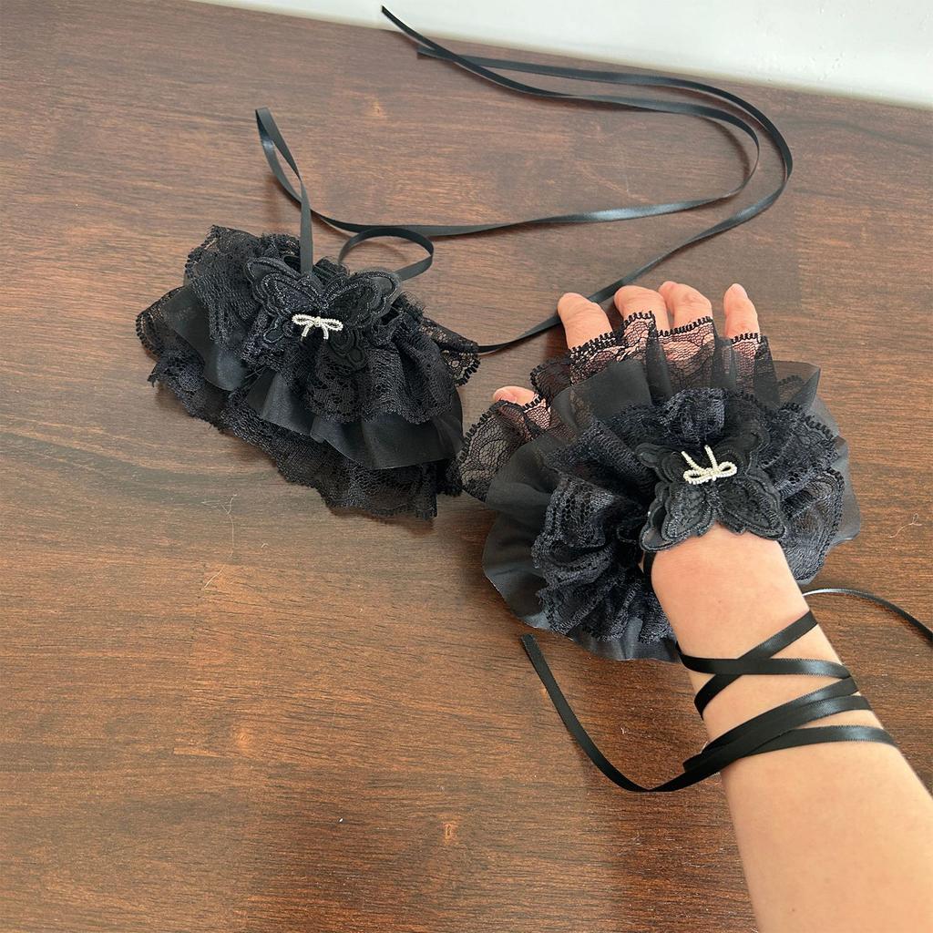 Lolita Ribbon Wrist Cuffs Detachable Wristband Elegant Pleated Lace Brim False Wristband for Balletcore Accessories