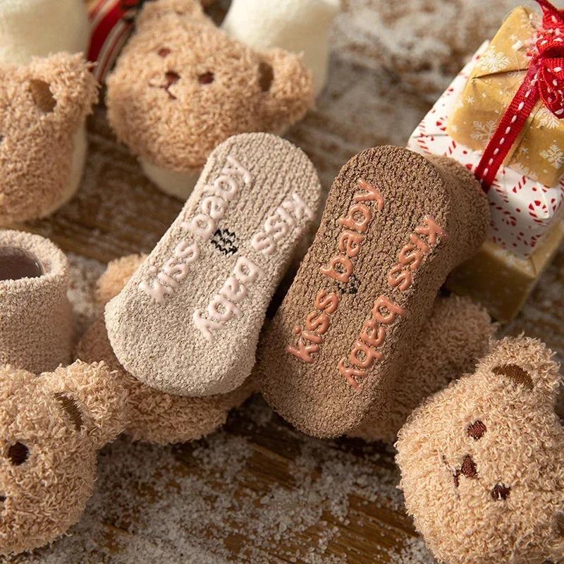 Мультяшные носки для малышей с мишками для девочек и мальчиков, новорожденные, противоскользящие, мягкие, теплые, зимние, осенние, для малышей, для дома, толстые носки, детские чулки