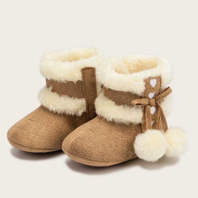 Зимние детские зимние сапоги для маленьких мальчиков и девочек, обувь на мягкой подошве, милые помпоны, флисовые сапоги для первых ходунков для малышей с плюшевой подкладкой, для новорожденных, От 0 до 18 месяцев