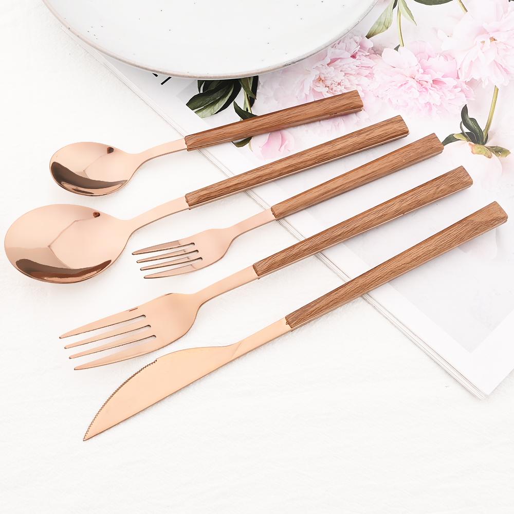 5 шт., набор столовой посуды с деревянной ручкой, посуда из нержавеющей стали, нож для стейка, вилка, десертная ложка, столовые приборы, кухонные столовые приборы в западном стиле