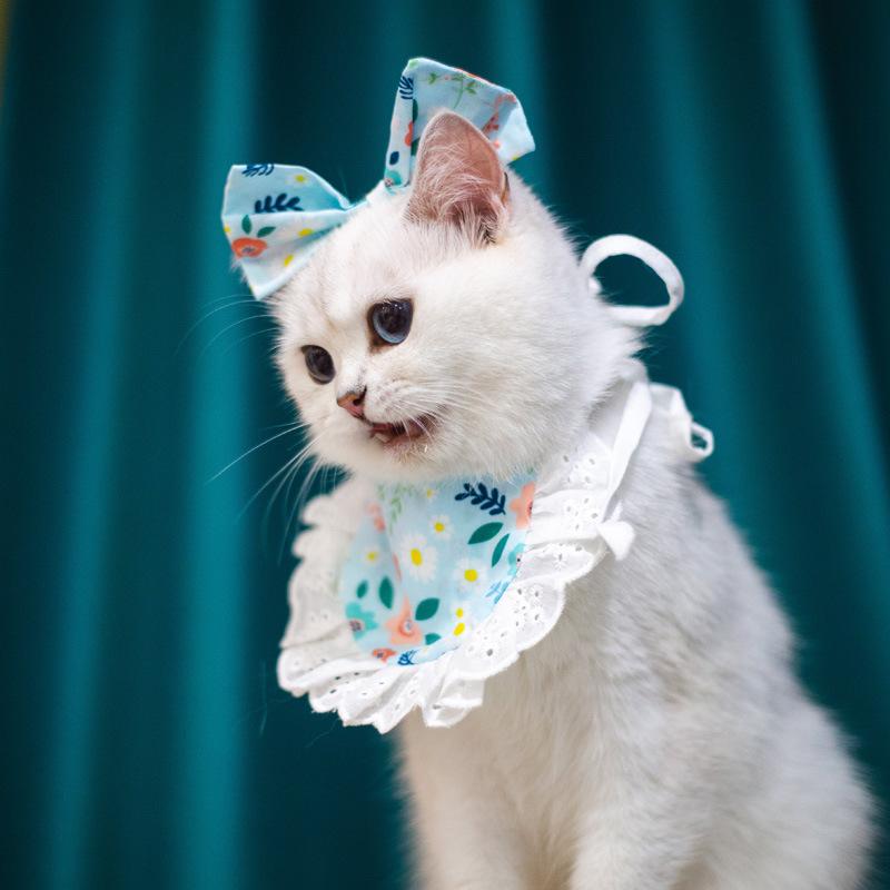 Plaid elastic dog cat pet saliva towel lace lace pet triangle scarf bib supplies