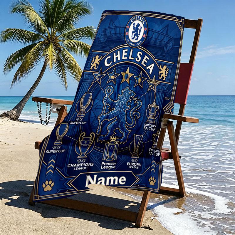 Custom Name Personalized Chelsea Football Club Print Beach Towel, for Trip Camping Beach Party Home Decor, Birthday Gift for Family & Friends