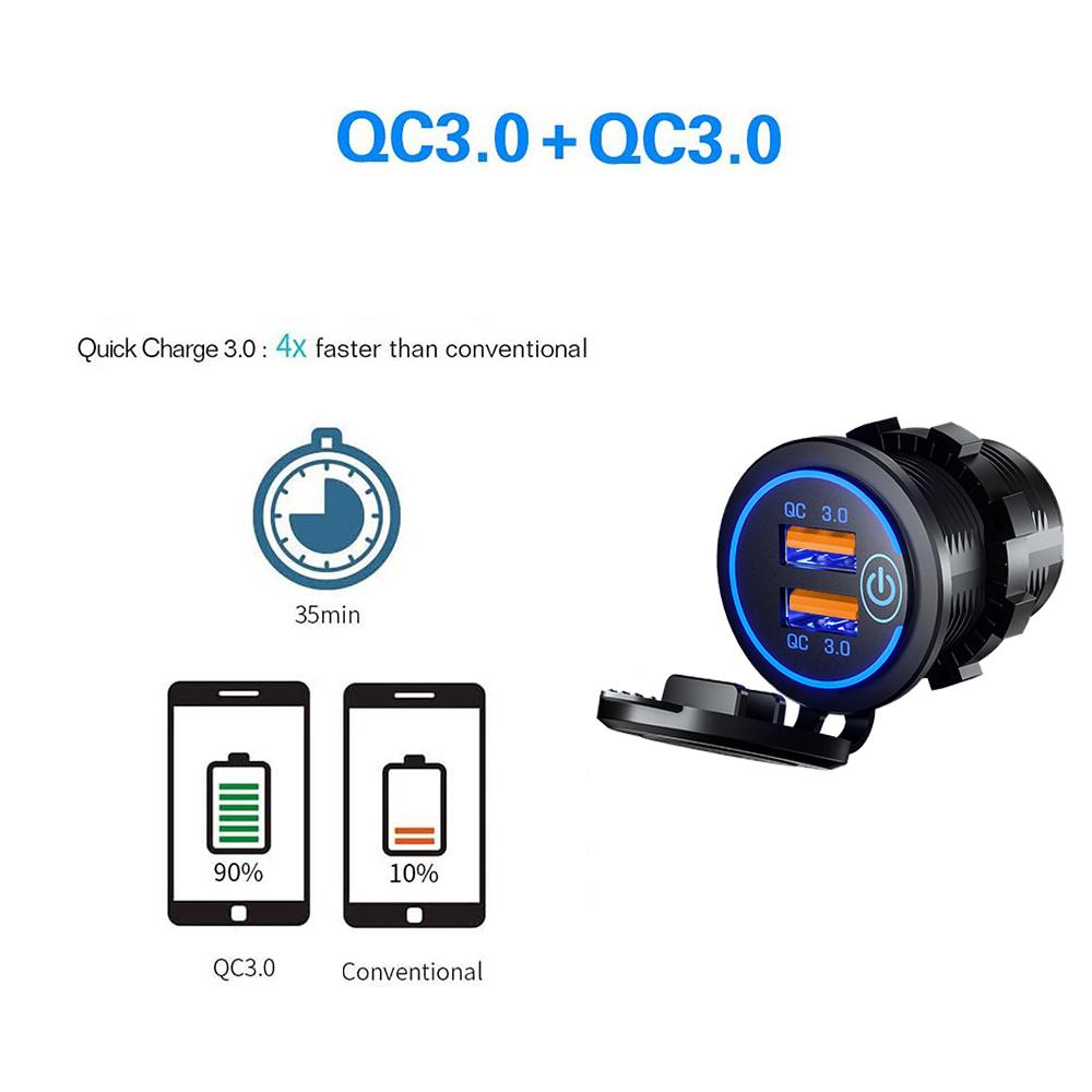 Быстрая зарядка 3.0 Dual USB Быстрое автомобильное зарядное устройство 12 В/24 В 3A QC3.0 Автомобильное зарядное устройство для лодки, мотоцикла и телефона Розетка с сенсорным переключателем Водонепроницаемая розетка
