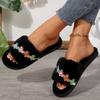 Fashion Embroidery Buttery Fur Slippers for Women Black Faux Fur Cotton Slippers Woman Winter 2025 Indoor Slip On Flat Heel Slides Mujer