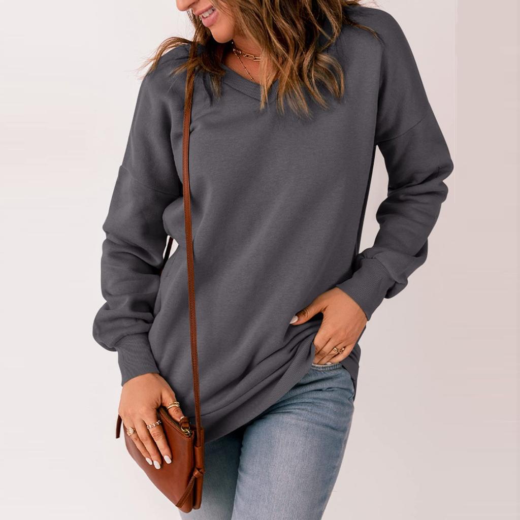 Женская повседневная толстовка с v-образным вырезом, свободные мягкие пуловеры с длинными рукавами, однотонные рубашки с боковыми карманами