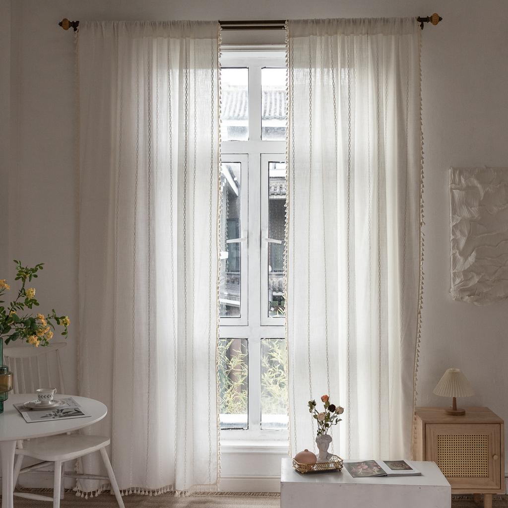 Hot Sale White Bohemian Curtains Farmhouse Living Room Bedroom Striped Embroidery Small Windows Kitchen Curtains Short Curtains