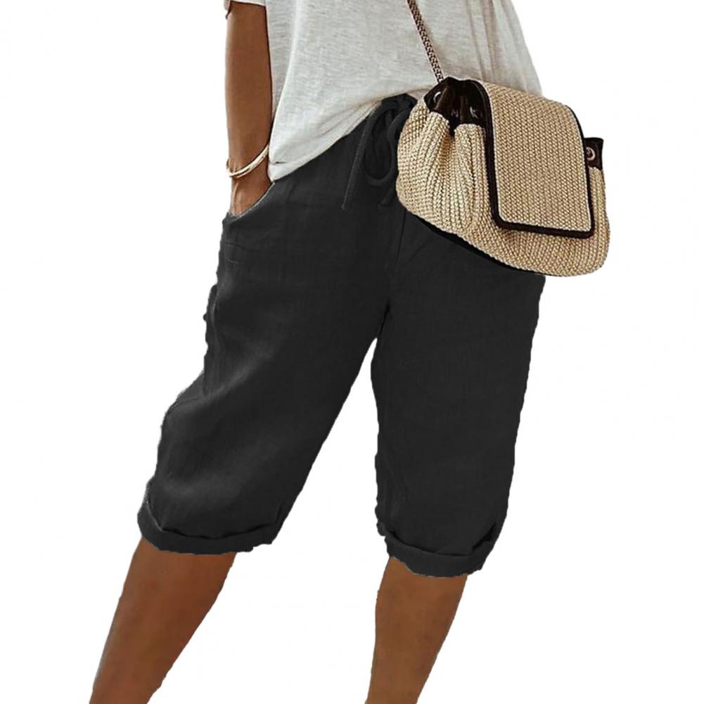 Брюки с эластичной талией, винтажный стиль, дышащие брюки длиной до колена с карманами для женщин, брюки с эластичной талией и завязками, однотонные