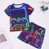 Boys 2-piece Pajama Set Cartoon Gamepad Print Crew Neck Short Sleeve T-shirt + Matching Shorts Comfy Loungewear