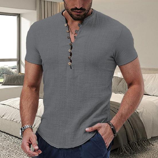 Мужская рубашка с v-образным вырезом и пуговицами, полупланка с коротким рукавом, летняя повседневная однотонная тонкая рубашка с тонкими швами, повседневная одежда