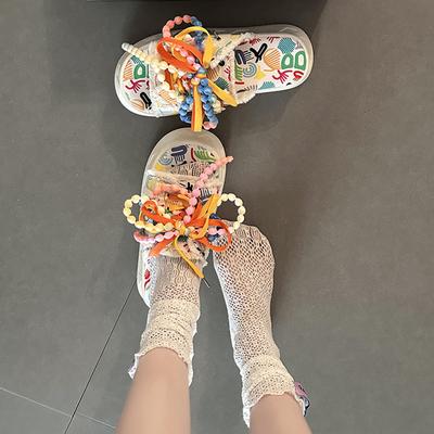 Модные универсальные сандалии милые мультяшные граффити шлепанцы женские летние повседневные дофаминовые уличные однословные крутые шлепанцы