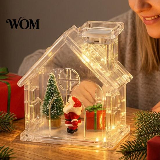 Rechargeable LED Decoration Clear Acrylic House Ornament, DIY Fillable Christmas with Light, Lighted Table Centerpiece for Festive Party Mantel Decor