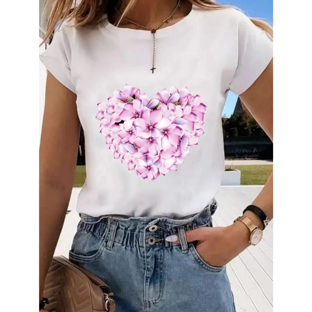 Floral Sweet and Cute Fashion Printing Women's O-neck Clothes T-shirt Short-sleeved Casual Daily Top