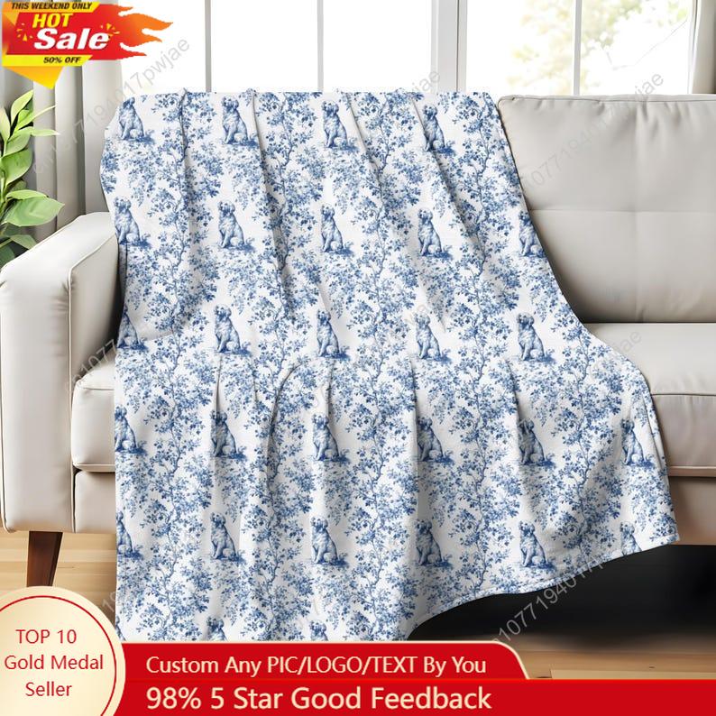 Плед с французским узором Toile de Jouy для золотистого ретривера, вельветовый синий плед для любителей золотистых ретриверов, плюшевый плед для мамы собаки