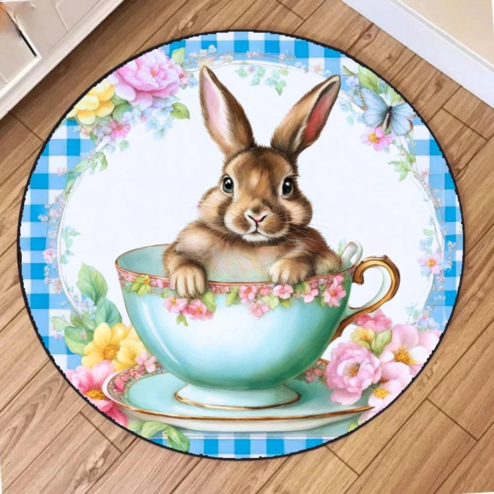 Happy Easter Round Rug with Rabbit Egg Design Stain Resistant Machine Carpet for Living Room Bedroom Laundry Festive Home Decor