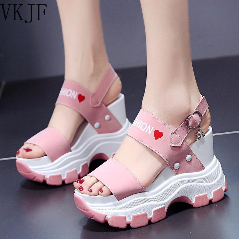 Модные сандалии на танкетке Женский сказочный стиль Летние новые сандалии на толстой подошве-маффине, с высоким подъемом внутри и открытым носком, Sandalias De Mujer