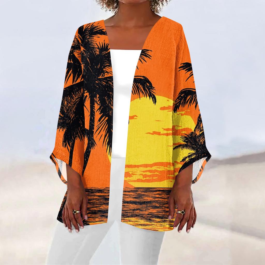 Women's Casual Fashion Beach Ocean Tree Print Lightweight Mid-Length Jacket Cardigan