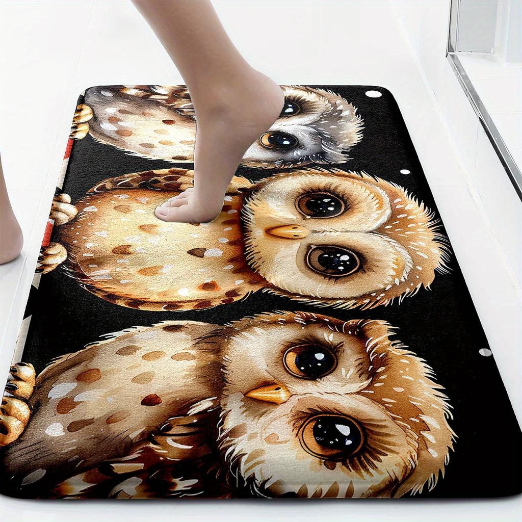 3pcs Cute Owl Bathroom Rug Set Non-Slip U-Shaped Mat and Toilet Lid Cover Animal Theme Home Decor Washable Indoor Floor Mats