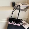Black French Stick Handbag Denim Blue Cloth Underarm Bags Shopping Plaid Bow Shoulder Bag  Travel