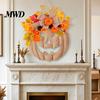 Thanksgiving Wreath for Home Decor Wooden Pumpkin Halloween Door Sign with LED Lights, Artificial Floral Hanging Autumn Flowers Wall Ornament