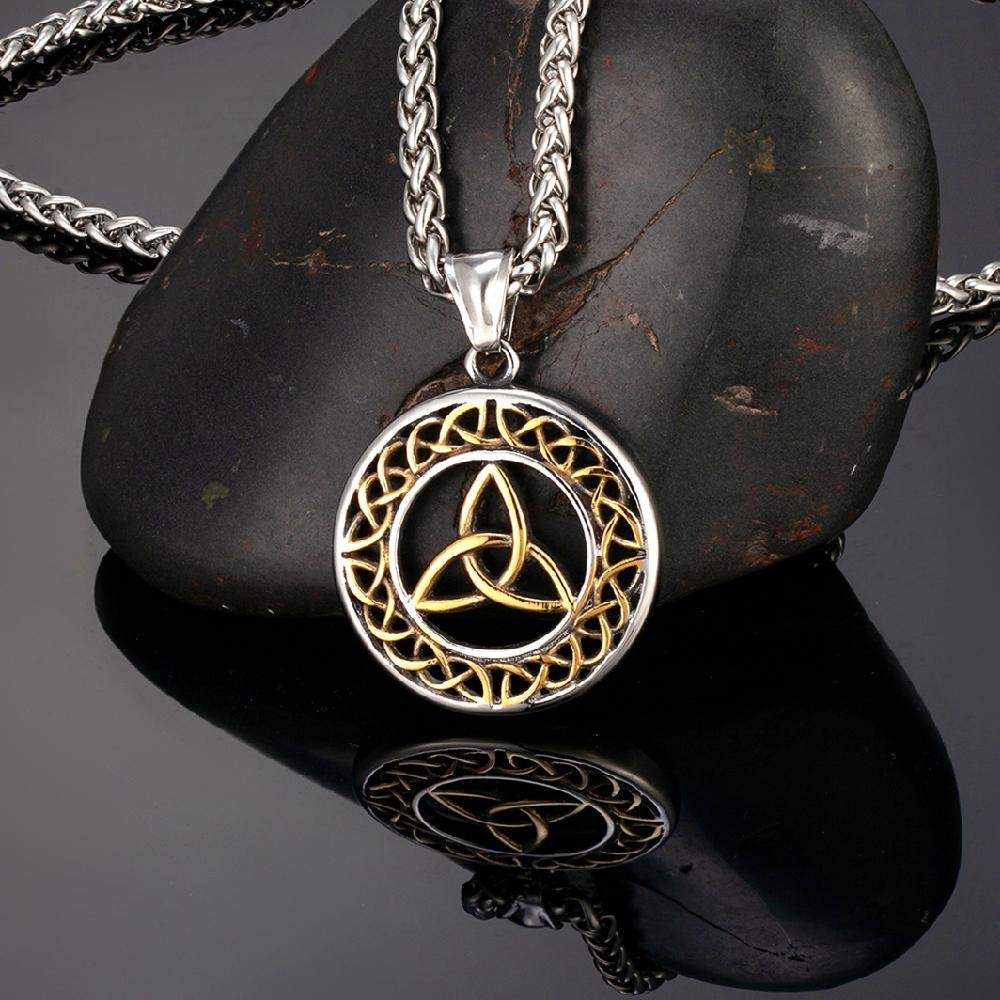 Vintage Viking Celtic Knot Necklace Men Gold Color Antique Steel Norse Valknut Runes Trinity Pendant Amulet Scandinavian Jewelry