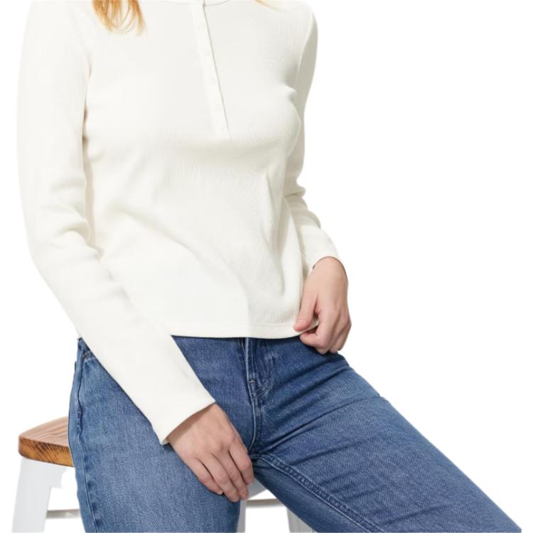Uniqlo Однотонная футболка-henley в рубчик, облегающая, с длинным рукавом, женские топы 487581-01
