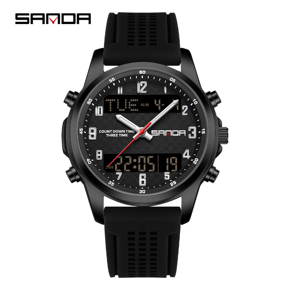 SANDA 9119 Fashion Men's Electronic Watch Silicone Strap Waterproof Calendar Luminous Multifunctional Digital Watches for Man