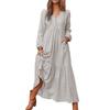 Women Bohemian Cotton Linen Dress Oversized V-neck Long Sleeve Swing Dress Pleated Ruffle Tiered Flowy Long Dress