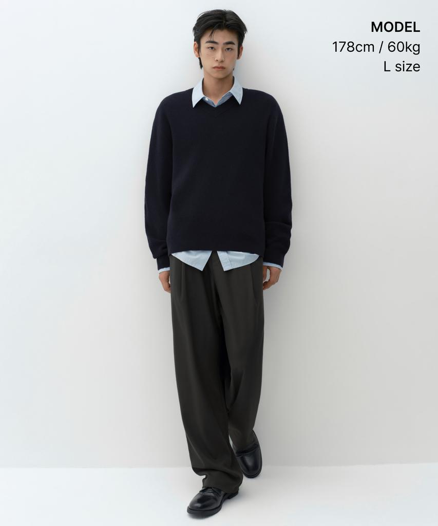 MUSINSA STANDARD [Victoria Wool] Minimal Ribbed V-Neck Knit [Navy]