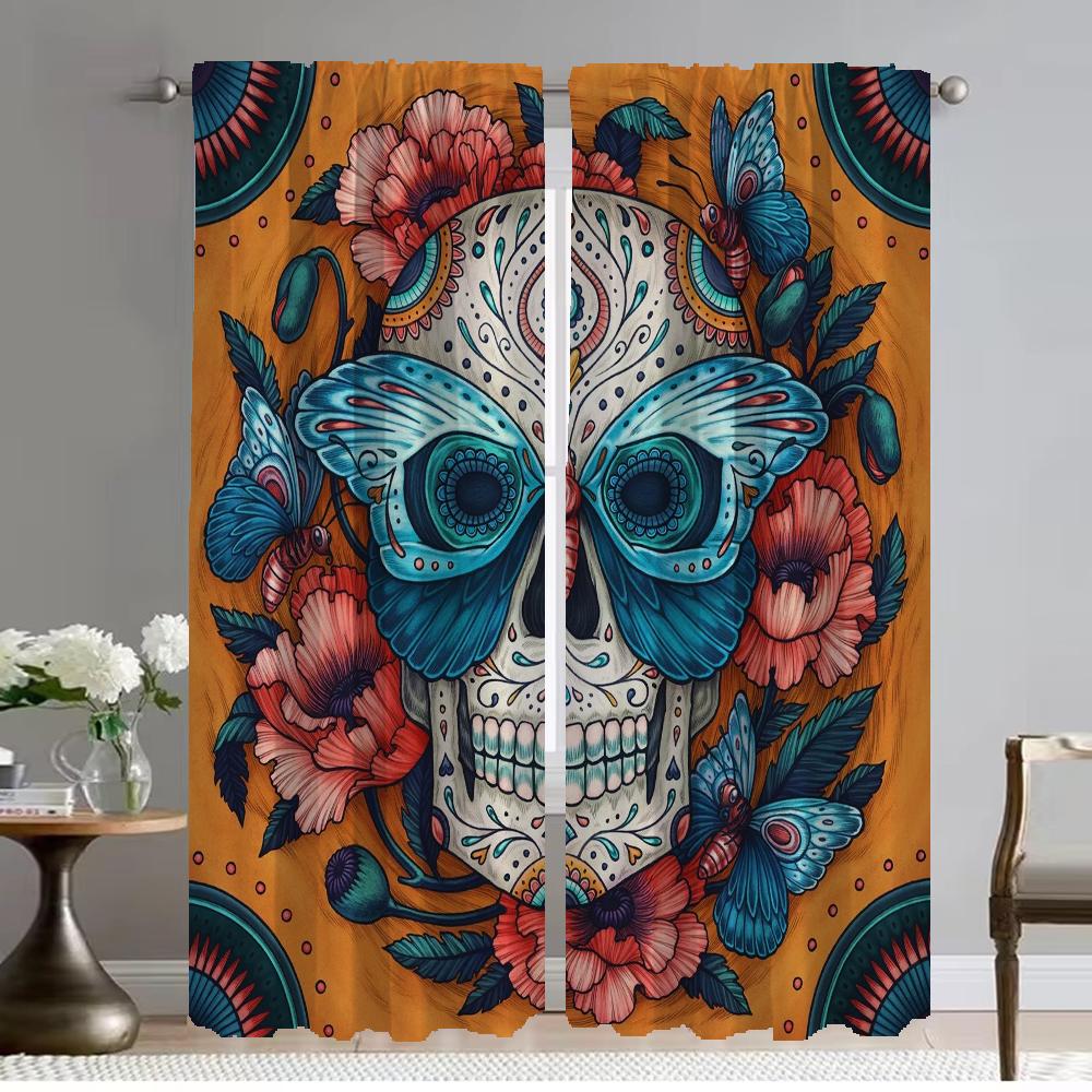 Curtains Child Room Flower Skull Curtains for Bedroom Halloween Decoration Window Curtain for Room 2 Panel Shades Partition Home