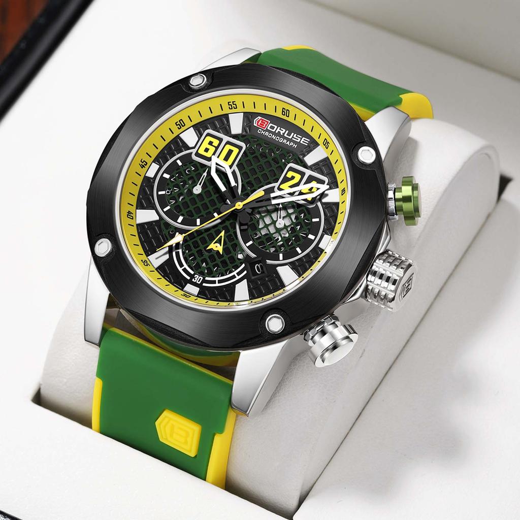 BORUSE Large Dial Men's Watch Sports Chronograph Waterproof Quartz Watch Luxury Leisure Watch Simulate Hollow Men's Watch Silicone Strap Watch for Men