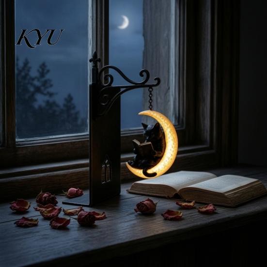 Heavy Duty Book Ends Gothic Metal Bookends with Hanging Light, Cat Raven Ghost Decorative Black Moon Support Bookshelf Lamp, Vintage Church