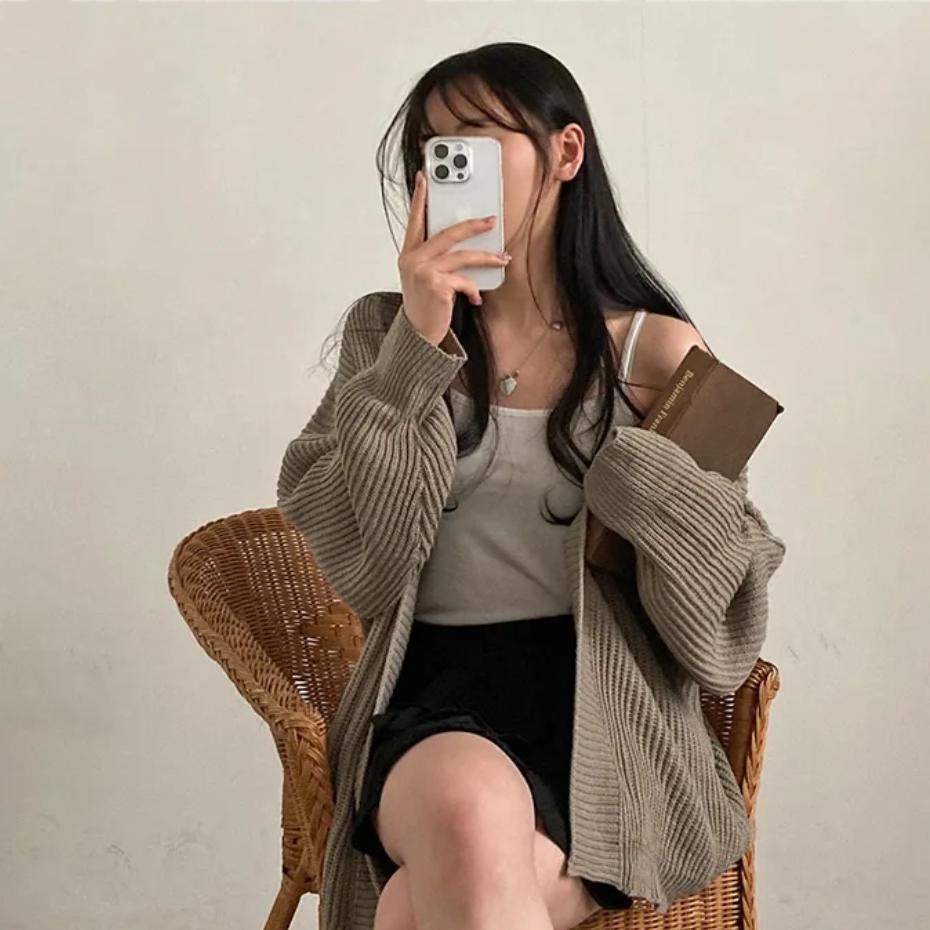 Женский кардиган средней длины, повседневный, вязаный - Осень и Зима, однотонный, свободного кроя, универсальный свитер чулочной вязкой