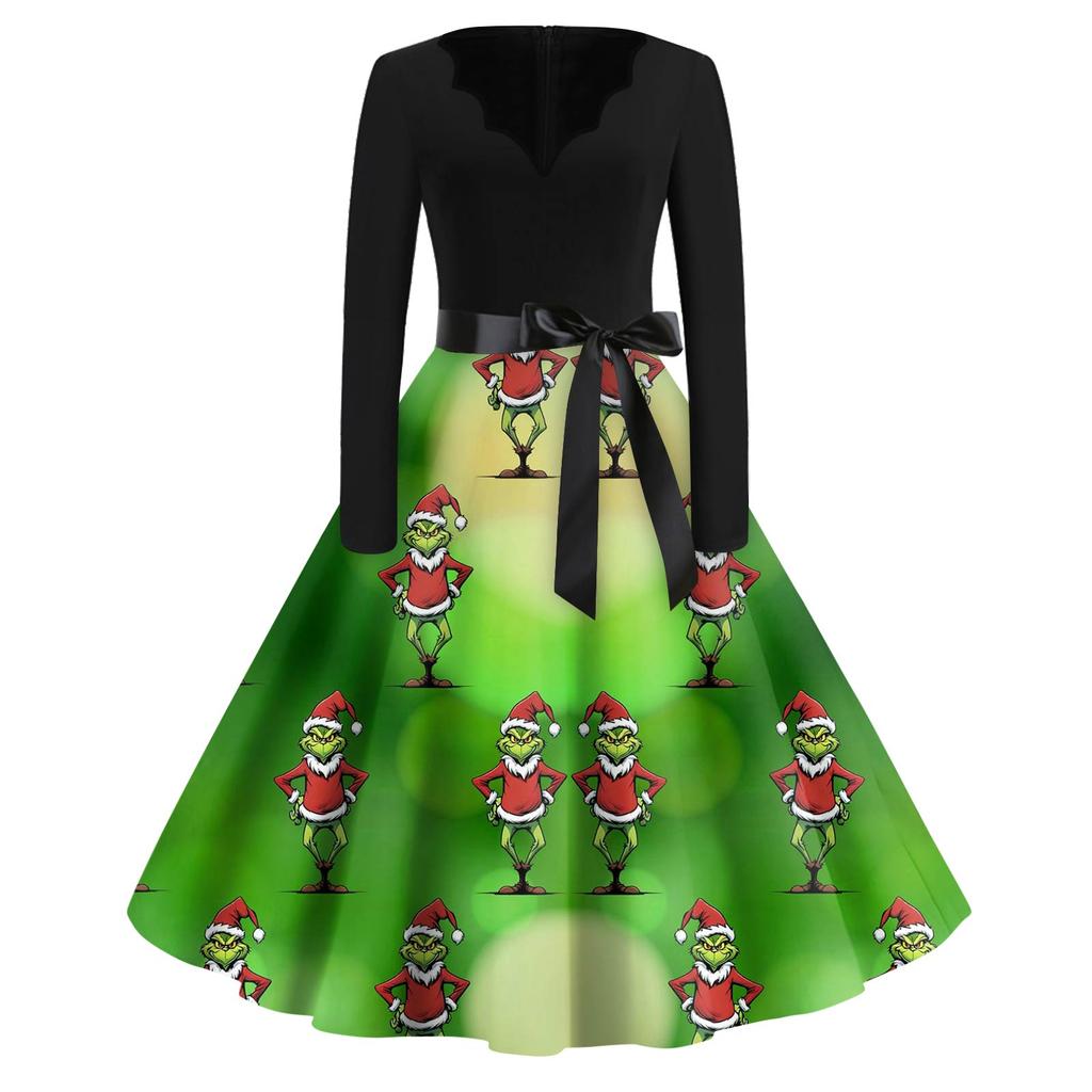 Women's Fashion V-neck Casual Slim-fit Christmas Print Long-sleeved Dress