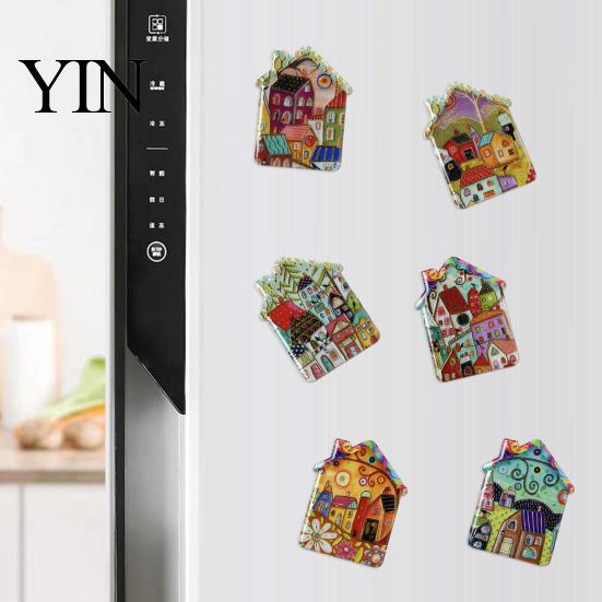 Metal Cabinet Magnets Vintage House Refrigerator Magnet, Colorful Fairy Tale Town Magnetic Fridge Decoration Kitchen Accessories Lockers Decorative